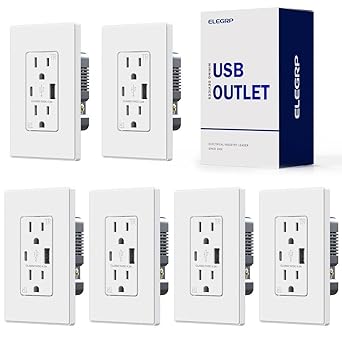 ELEGRP USB Outlets, 15 Amp Wall Outlet with USB Ports, 21W USB Outlets Receptacles with Type A & Type C Ports, Tamper Resistant Receptacle, Wall Plate Included, Ul Listed (6 Pack, Matte White)