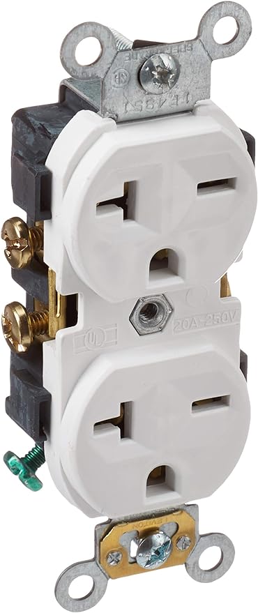 Leviton 5822-W Straight Blade Single Receptacle, 250 Vac, 20 A, 2 Pole, 3 Wire, White