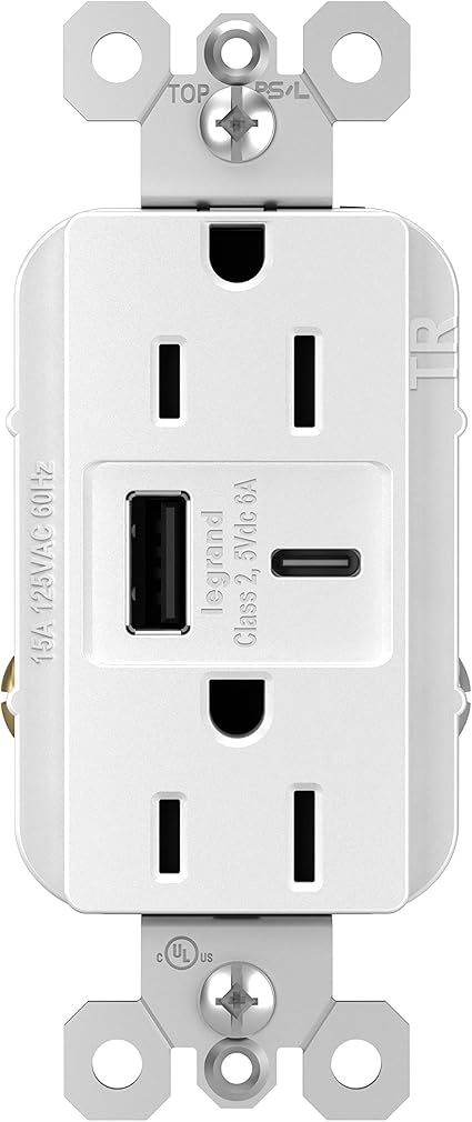 Legrand radiant R26USBAC6W 15 Amp Tamper-Resistant Decorator Duplex Receptacle Outlet with Ultra Fast USB A/C 6.0A Charging Ports, White (1 Count)