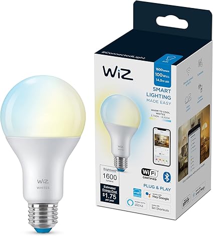 WiZ 100W Eq. (14.5W) A21 Tunable White LED Smart Bulb - Pack of 1 - E26- Indoor - Connects to Your Existing Wi-Fi - Control with Voice or App + Activate with Motion - Matter Compatible