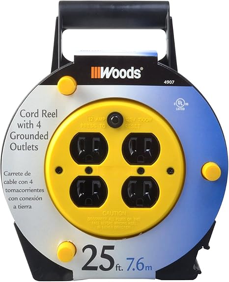 Woods 4907 Extension Cord Reel with 4-Outlets 16/3 SJTW and 12A Circuit Breaker, 25-Foot