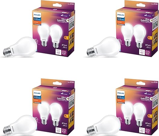 Philips LED Flicker-Free Frosted Dimmable A19 Light Bulb - EyeComfort Technology - 450 Lumen - Soft White (2700K) - 5W=40W - E26 Base - Title 20 Certified - Ultra Definition - Indoor - 8-Pack