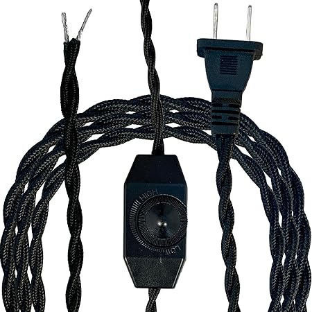 Royal Designs, Inc. 8Ft Twisted Rayon Lamp Cord with NEMA-15P Plug, Rotary Dimmer Switch, Stripped Ends Ready for Wiring, SPT-1 UL Listed, Black - Pack of 1