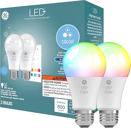 GE LED+ Color Changing LED Light Bulbs with Remote, College Dorm Light, Dorm Room Essentials, Bedroom Light, 9.5W, No App or Wi-Fi Required, A19, CAC (2 Pack)