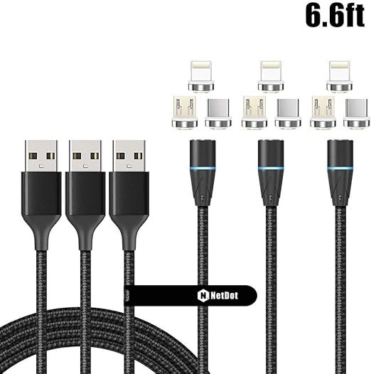 Gen 12 3in1 Magnetic Fast Charging Cable & Data Sync Compatible Micro USB, USB-C and i-Devices (6.6ft/3 Pack Black)