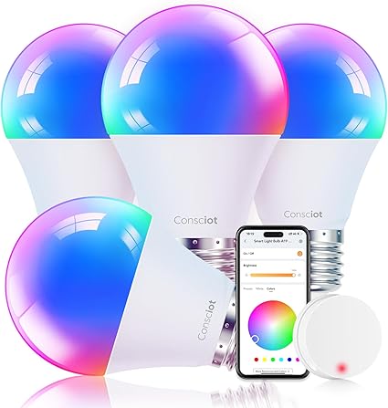 Consciot Smart Light Bulbs with Remote Control, LED Light Bulb That Compatible with Alexa & Google Home A19 E26 2.4Ghz WiFi Light Bulbs 60 watt equivalent 800lm Dimmable 4 Pack