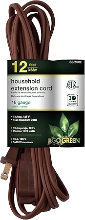 GoGreen Power (GG-24812) 16/2 12’ Household Extension Cord, 3 Outlets, Brown, 12 Ft