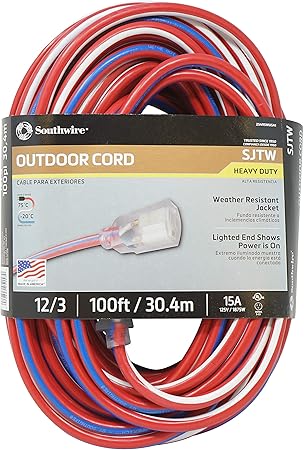 Southwire Heavy Duty Extension Cord, 100Ft, 12 Gauge, 3 Conductor, Water Resistant Flexible Jacket, SJTW, Red/White/Blue, 2549SWUSA1