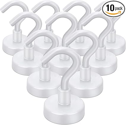 E BAVITE Strong White Magnetic Hooks Heavy Duty, 25Lbs 10 Pack Rare Earth Magnets Hook for Refrigerator, Grill, Home, Kitchen, Office, Cruise