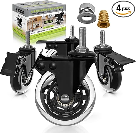 Slipstick CB693 Premium 3 Inch Rubber Caster Wheels with Brake (4 Pack) Replacement Rollerblade Style Swivel Casters with 3/8”– 16x1” Threaded Stem, Includes Mounting Hardware, Black/Clear Castor