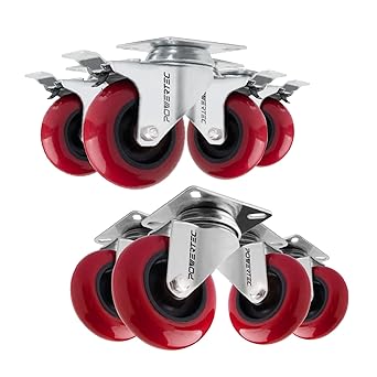 POWERTEC 17217 3 Inch Swivel Plate Caster Wheels Set of 8 with 1280 lbs Loads (640 lbs Loads for Set of 4), 4 with Brake and 4 without, Heavy Duty PU Castors for Furniture, Cart, Dolly and Workbenches