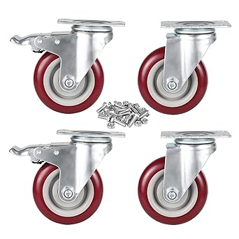 4 Inch Caster Wheels, Set of 4, Heavy Duty Casters Load 2400lbs with Brakes & Top Plate, 360-degree Swivel Casters for Furniture and Workbench Cart (Free Hardware Kit)