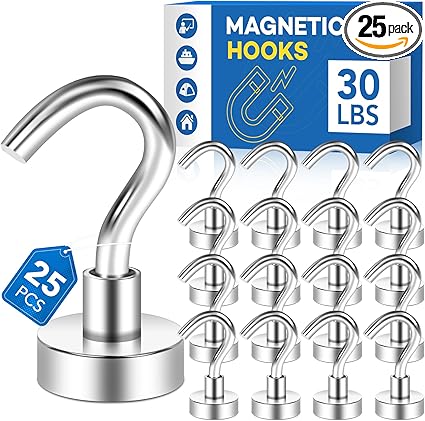 LOVIMAG Strong Magnetic Hooks, 30lbs Magnetic Hooks for Cruise Cabins, Magnet Hooks for Cruise Ship Essentials, Rare Earth Magnets with Hooks for Refrigerator,Hanging,Classroom,Kitchen,Ceiling-25 Pack