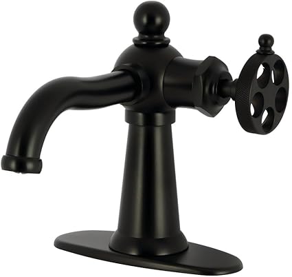 Kingston Brass KSD3540RKZ Wendell Single-Handle 1-Hole Deck Mount Bathroom Faucet with Knurled Handle and Push Pop-Up Drain in Matte Black