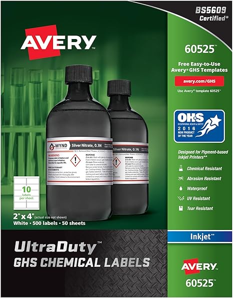 Avery UltraDuty GHS Chemical Labels for Pigment Inkjet Printers, Waterproof, UV Resistant, 2x4,500Pk (60525)