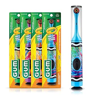 GUM Crayola Power Toothbrush for Kids, Extra Soft Bristled Toddler Toothbrushes, Travel Cap + Suction Cup Base, Batteries Included, 1ct (4pk)