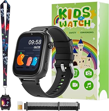 OKYUK 4G Kids Watch, Smart Watch for Kids with SIM Card, 47 Exciting Games, Two-Way Calling Feature, SOS Emergency Call Button Ideal for Kids Aged 3-12, Children’s Cell Phone Alternative (Black)