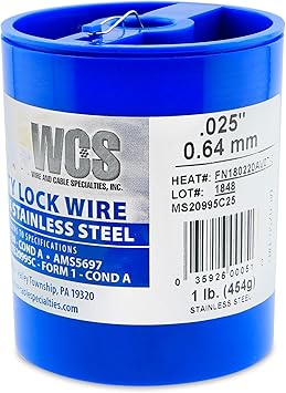 Lock Wire, T302/304 Stainless, NASM20995, MS20995C, ASTM A580 Cond A, AMS5697, .025 in (0.63 mm), 1 lb (0.45 kg) Dispenser Can, approx. 595 ft (181 m)