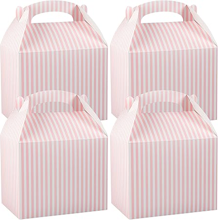 Restaurantware Bio Tek 10 x 7 x 8 Inch Gable Boxes For Party Favors, 25 Attractive Gift Boxes - Striped Design, With Built-In Handle, Pink And White Paper Barn Boxes, Disposable, For Parties