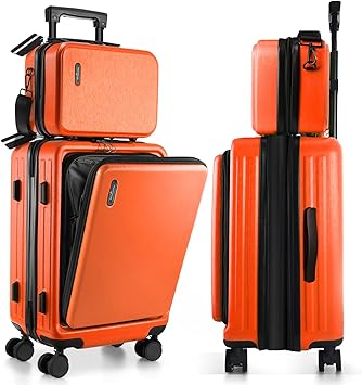 22 Inch Carry On Luggage, Carry On Suitcase with Wheels, Hardside Luggage Carry On, Expandable Orange Small Suitcase, Hard Shell Carry-on Luggage, Spinner Luggage with Cosmetic Carry On Bag