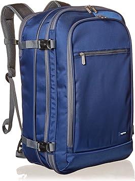 Amazon Basics Carry On Backpack, Travel Backpack, With Internal Zippered Laptop Sleeve, Lightweight yet Durable, Extra Large with Expandable Space, Dual Use As Backpack Or Shoulder Bag, Navy Blue