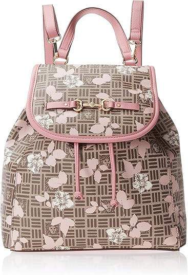 Anne Klein Flap Backpack with Floral Overlay, Cream-Brown Multi/Vintage Pink