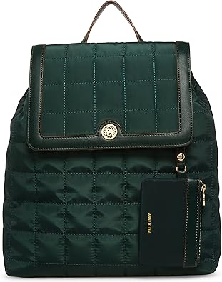 Anne Klein Quilted Nylon Backpack, Evergreen/Evergreen/Distant Mountain-Ochre-White