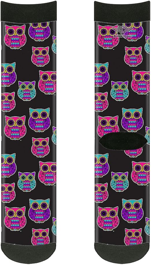 Buckle-Down Unisex-Adult's Socks Owls Black/Fuchsia/Purple/Turquoise Crew, Multicolor