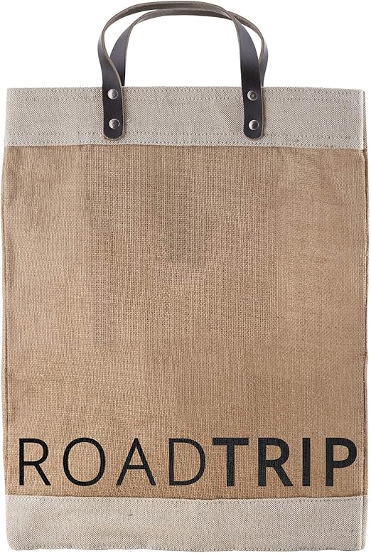 Santa Barbara Design Studio Road Trip Travel Tote, Boho Reusable Grocery Bag with Leather Handle, Purse for Beach or Picnic, Burlap Gift Bags, 13 x 18 Inches