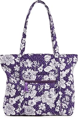 Vera Bradley Cotton Collegiate Vera Tote Bag (Multiple Teams Available), Purple/White Rain Garden with Texas Christian University