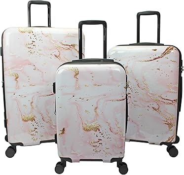 World Traveler Dejuno Pink Marble Expandable Spinner Luggage, 3-Piece Set