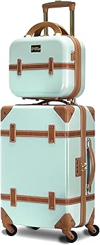 World Traveler Gatsby Vintage Style Hardside Carry-On Retro Train Case Spinner Luggage, Mint, 2-Piece Set (Tote/20-Inch)