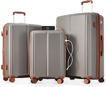 3 Pieces Luggage Set, ABS Hard Shell Expandable Spinner Luggage, 20/24/28 Expandable Suitcase with USB Port, Carry On Luggage Airline Approved with Spinner Wheels For Travel