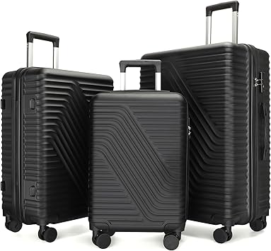 3-Piece Hard Shell Luggage Set with TSA Lock 20in, 24in, and 28in Suitcases, Black, 19.3''L x 11.9''W x 30''H