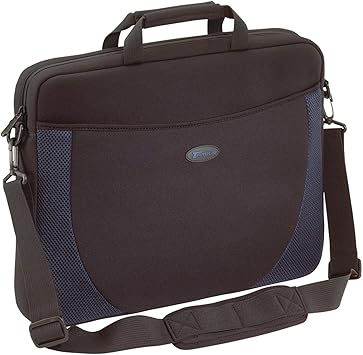 Targus Neoprene Slipcase Sleeve with Shoulder Strap, Professional Business and Travel Laptop Tote Bag for 17-Inch Laptop, Black with Blue Accents (CVR217)