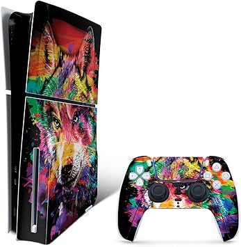 MightySkins Skin Compatible with PlayStation 5 Slim Disk Edition Bundle - Rainbow Wolf | Protective, Durable, and Unique Vinyl Decal wrap Cover | Easy to Apply | Made in The USA