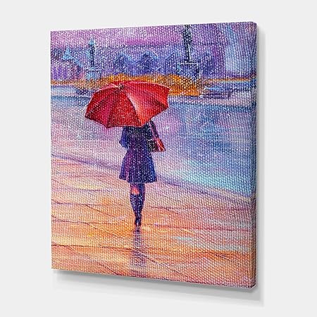 DesignQ Woman Walking With Red Umbrella Under The Rain French Country Canvas Wall Art, 24x32