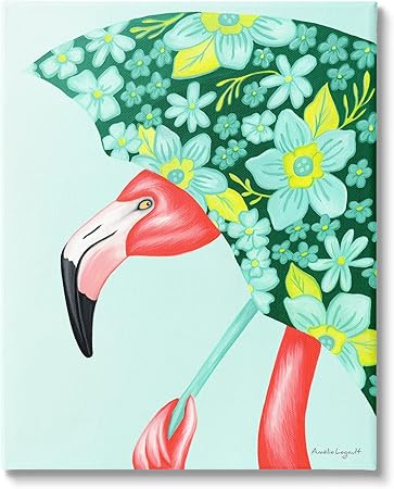 Stupell Industries Summery Pink Flamingo Floral Petal Patterned Umbrella, Design by Amelie Legault