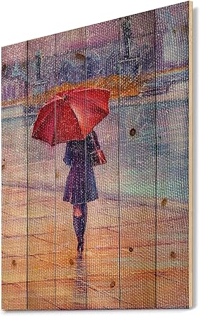 DesignQ Woman Walking With Red Umbrella Under The Rain French Country Wood Wall Decor, Red Wood Wall Art, Large People Wood Wall Panels Printed On Natural Pine Wood Art