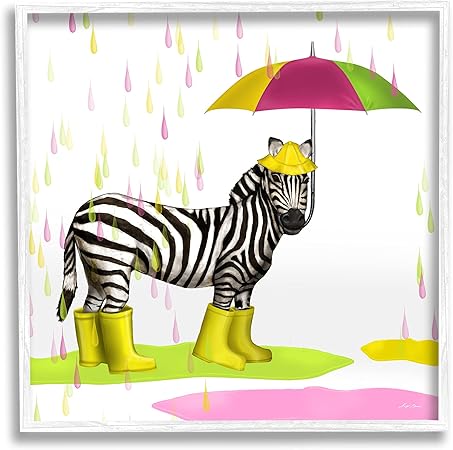 Stupell Industries Rainy Day Zebra Umbrella Pink Green Paint Rain, Designed by Hugo Edwins White Framed Wall Art, 12 x 12, Multi-Color