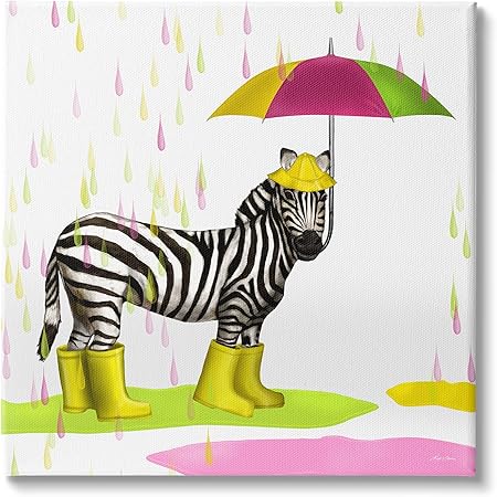 Stupell Industries Rainy Day Zebra Umbrella Pink Green Paint Rain, Designed by Hugo Edwins Canvas Wall Art, 17 x 17, Multi-Color