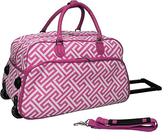 World Traveler Classic Prints 21-Inch Carry-On Rolling Duffel Bag, Fuchsia White Greek Key