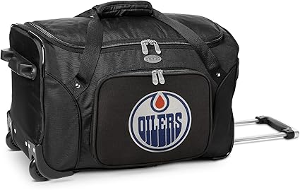 Edmonton Oilers Lightweight 22-inch Wheeled Duffel Bag with Telescopic Handle - Perfect Overnight Bag for Travel, Weekend Getaways, Airports, Gym, and Commuting