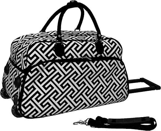 World Traveler Classic Prints 21-Inch Carry-On Rolling Duffel Bag, Black White Greek Key