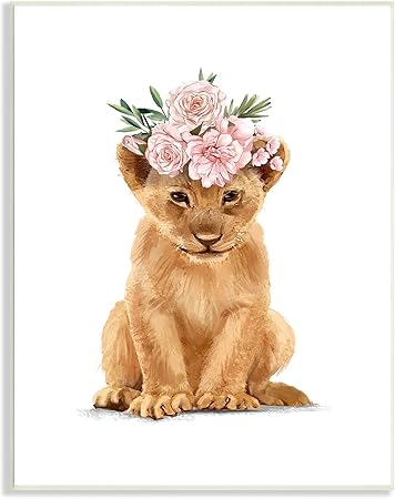 Stupell Industries Boho Rose Floral Crown Lion Cub Safari Animal, Designed by Ziwei Li Wall Plaque, Tan