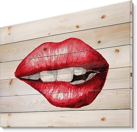 DesignQ Sexy Plump Puffy Woman Lips Biting Modern & Contemporary Wood Wall Decor, Red Wood Wall Art, Large People Wood Wall Panels Printed On Natural Pine Wood Art