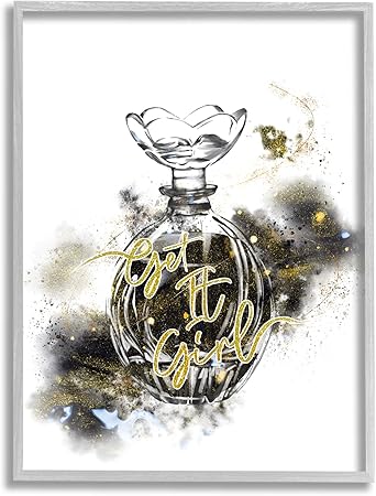 Stupell Industries Get It Girl Phrase Black Gold Sparkle Glam Cosmetic, Designed by Ziwei Li Gray Framed Wall Art, 11 x 14, White