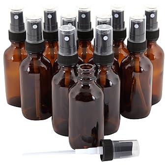 12, Amber, 1 oz Glass Bottles, with Black Fine Mist Sprayers