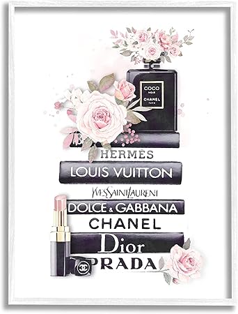 Stupell Industries Pink Roses and Toiletries Fashion Glam Bookstack, Designed by ROS Ruseva White Framed Wall Art, Black