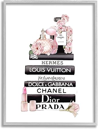 Stupell Industries Chic Pink Toiletry Cosmetics Glam Fashion Books, Designed by ROS Ruseva Gray Framed Wall Art, Black